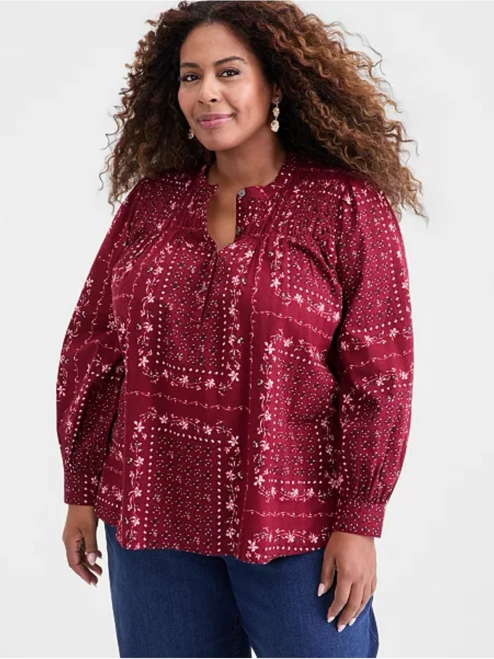 NWT Style & Co Plus Size Cotton Smocked-Yoke Top